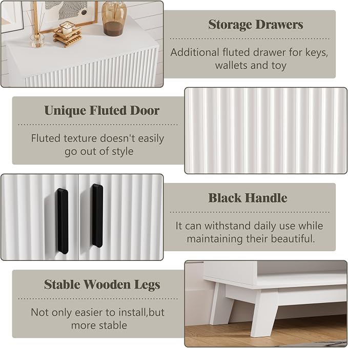 Shoe Cabinet Storage for Entryway with Doors, 4 Tier Fluted Shoe Organizer with 2 Drawers, Entryway Shoe Storage with Adjustable Shelves, Freestanding Hidden Shoe Rack for Front Door Entrance, White