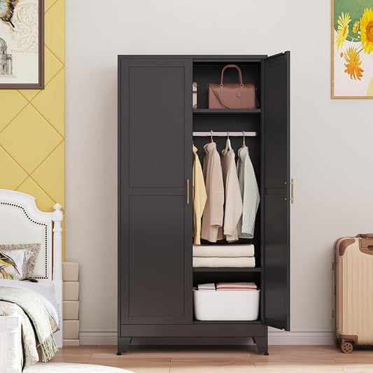 PAOFIN 71" Metal Armoire Wardrobe Closet, Bedroom Clothing Storage Cabinet with 2 Drawers and Hanging Rod, Freestanding Armoire Cabinet with Adjustable Shelves (Black)