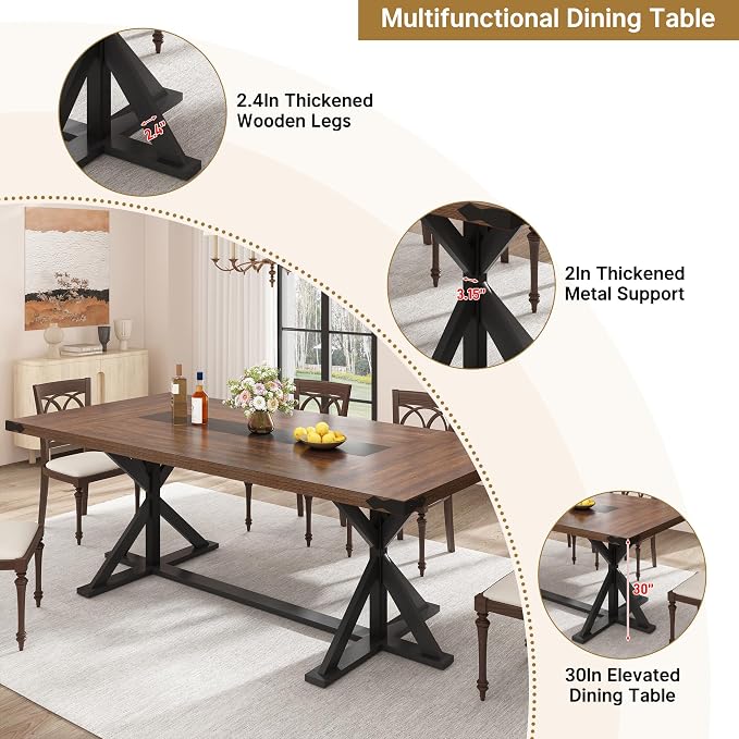Hlivelood Dining Table for 6 8 People,Rectangular Kitchen Farmhouse Table W/Waterproof Wood Tabletop,Long Dining Room Tables W/Wood Strip Base for Kitchen Living Room(78IN BR&BK)