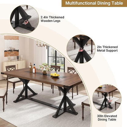 Hlivelood Dining Table for 6 8 People,Rectangular Kitchen Farmhouse Table W/Waterproof Wood Tabletop,Long Dining Room Tables W/Wood Strip Base for Kitchen Living Room(78IN BR&BK)