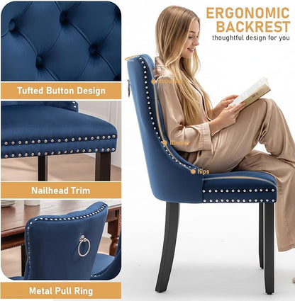 Mid Century Modern Dining Chair Set of 2 Velvet Upholstered Dining Accent Chair Farmhouse Dining Chairs with High Back and Nailhead Trim for Kitchen, Living Room, Bedroom (Blue)