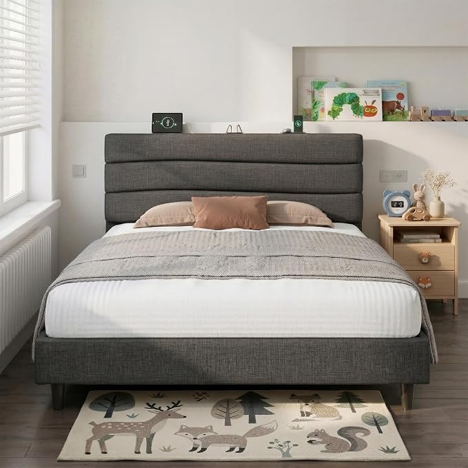 EnHomee Full Size Upholstered Bed Frame with Adjustable Height Headboard,Charging Stations,Noise-Free Platform Bed Full, No Box Spring Needed, Easy Assembly,Grey