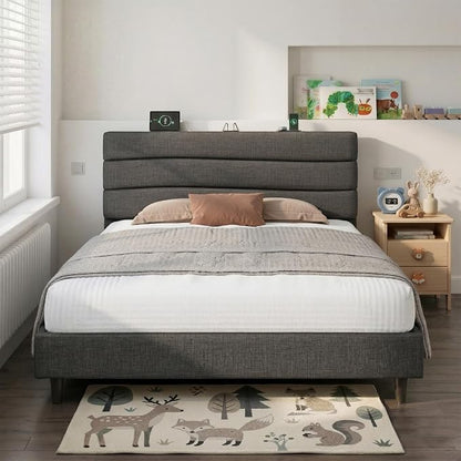 EnHomee Full Size Upholstered Bed Frame with Adjustable Height Headboard,Charging Stations,Noise-Free Platform Bed Full, No Box Spring Needed, Easy Assembly,Grey