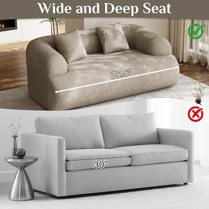 Half Moon Curved Sectional Sofa with 2 Throw Pillows, Modern Style 2-Seater Chenille Leisure Couch with Curved Backrest, Easy Assembly, for Apartment, Living Room, Bedroom, Light Brown（76 inch）