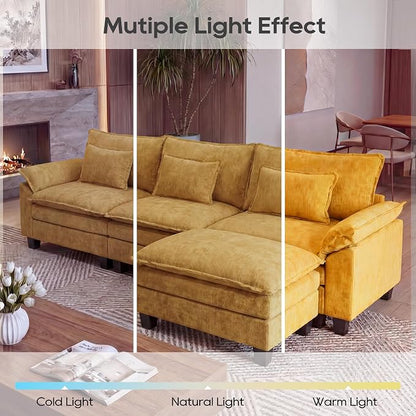 URRED Oversized Modular Sectional Sofa, 122" L Shaped Modern Comfy Cloud Couch with Movable Ottoman & Pillows, Deep Seat Couches for Living Room, Bedroom or Apartment (Chenille Yellow, 122" L Shaped)