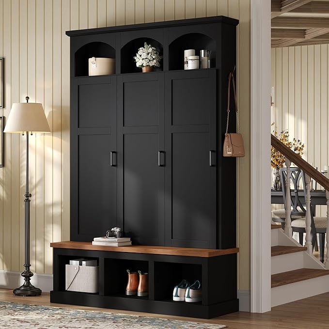 Merax Classic Arched Hall Tree with 3 Hidden Storage, Farmhouse Mudroom Bench with 5 Hooks, Mid-Century Entryway Organizer for Shoes, Black