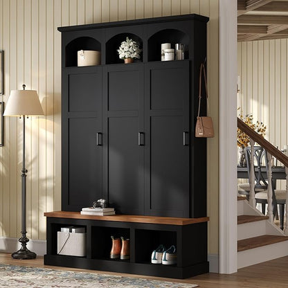 Merax Classic Arched Hall Tree with 3 Hidden Storage, Farmhouse Mudroom Bench with 5 Hooks, Mid-Century Entryway Organizer for Shoes, Black