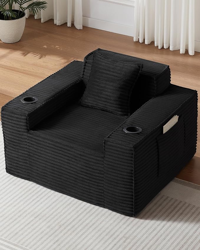 43.3" Boneless Chair with Cup Holder,Oversize Accent Chair with Side Pocket, Large Reading Sofa Chair for Compact Living Rooms, Apartments (Black, Single Sofa Chair)