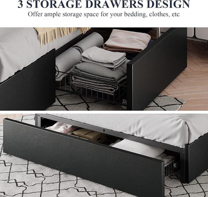 Allewie Queen Size Platform Bed Frame with 3 Storage Drawers, Fabric Upholstered, No Box Spring Needed, Metal Slats Support, Easy Assembly, Black