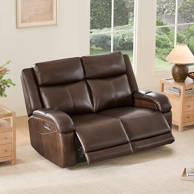 Watson & Whitely Genuine Leather Power Loveseat Recliner Sofa, 2 Seat Wall Hugger Reclining Sofa with Power Headrest & Charging Ports, Dual Recliner Sofas for Living Room, RV, Dark Brown