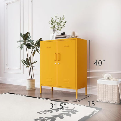 Yellow 3 Tier Metal Storage Cabinet with Legs, Lockable 2 Door Metal Locker, Heavy Duty Multipurpose Accent Storage Cabinet with 2 Adjustable Shelves for Home, Office, Entryway and Hallway