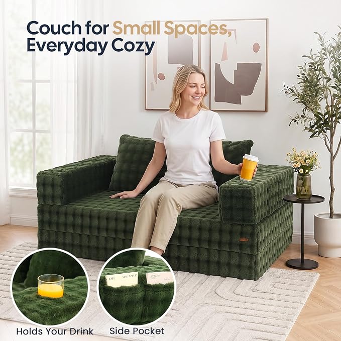 COMAX Futon Sofa Bed, Convertible Sofa Bed, Folding Boneless Couches | Boneless Couch for living room, Fold Out Small Foldable Loveseat Floor Sleeper Mattress Lounge Space‑Saving, Classic Green