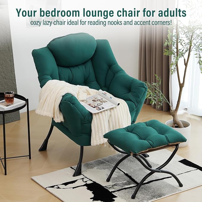 Furlide Lazy Chair with Ottoman, Modern Accent Chair with Armrests and a Side Pocket, Dark Green Accent Chairs, Reading Chairs, Oversized Armchairs for Bedroom, Study, Living Room, Courtyard