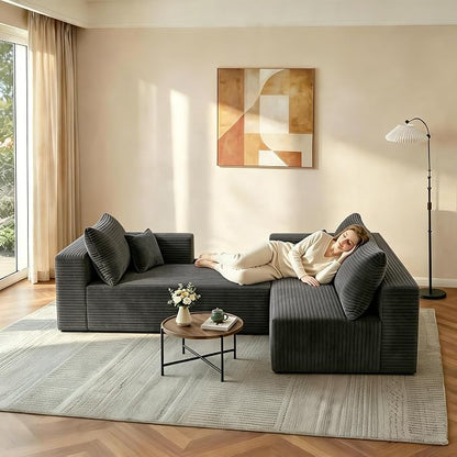 JINGLING 94" L Shape Couch with Right Chaise, Memory Foam Boneless Sectional Sofa in a Box, No Assembly Modular Small Couches for Small Spaces, Living Room, Apartments, Plush Corduroy, Dark Grey