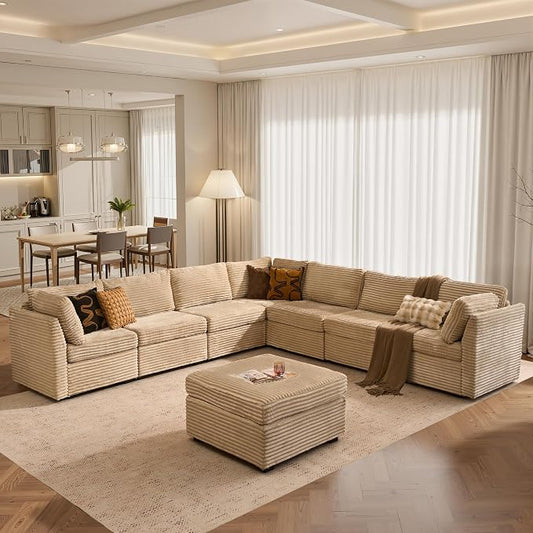 ovios Modular Sectional Sofa Couch with V-Shape Chaise Ottoman, Comfy Plush Corduroy Cloud Couches, Modern Luxury Deep Seat Sofas Set for Living Room, 8-Seater, Beige