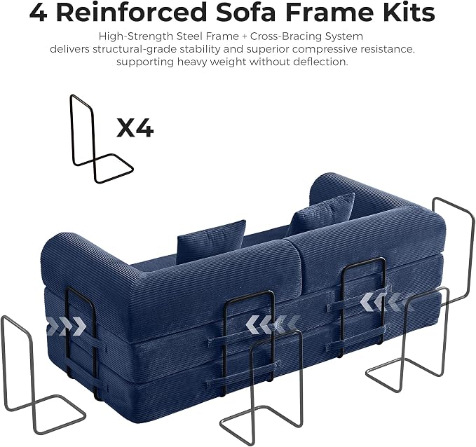 79" 5-in-1 Convertible Sofa Bed No Assembly, Boneless Couch Bed with High Density Foam, Foldable Sleeper Sofa, Corduroy Modular Couch for Apartment, Studio, Dorm Room, Small Space, Navy Blue