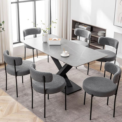 Cinxzar Grey Boucle Dining Chairs Set of 6, Upholstered Dining Room Chairs with Black Metal Legs, Round Modern Dining Chair for Dining Room, Kitchen