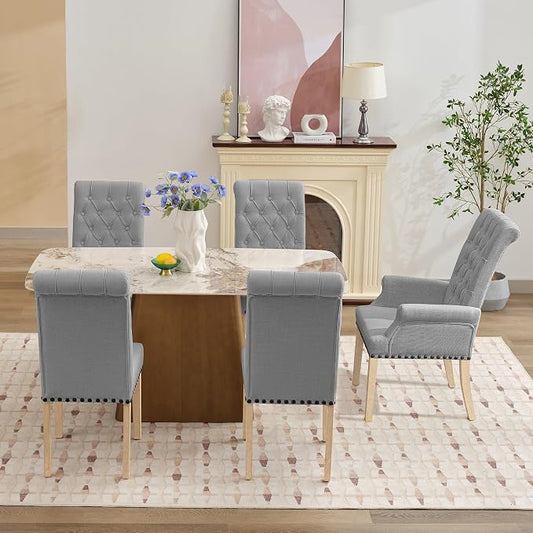 AODCHR Upholstered Fabric Accent Dining Chair Set of 5, Elegant Tufted Dining Room Chairs, Kitchen Room 1 Arm with 4 Armless, Light Grey