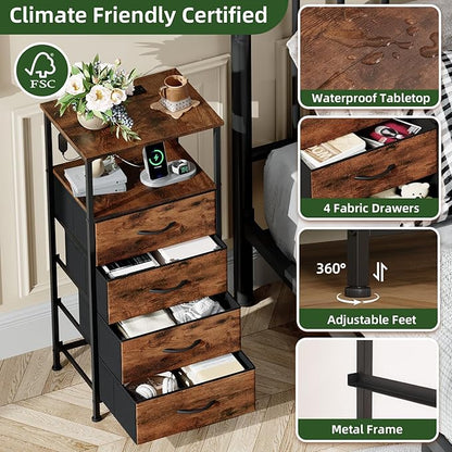 Somdot Tall Nightstand with Charging Station and LED Light for Bedroom, 4 Drawers Dresser with Fabric Bins for Bedside Kids Dorm Room Closet Laundry Entryway, Wood Grain Print