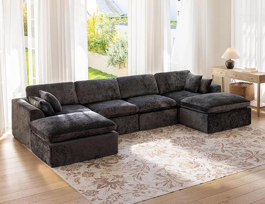 146" Modular Sectional Sofa – Modern Cloud Couch with Deep Chenille Seats, U-Shaped Boneless Sofa, Pet-Friendly, No Assembly, Gray (4 Seater + 2 Ottoman)
