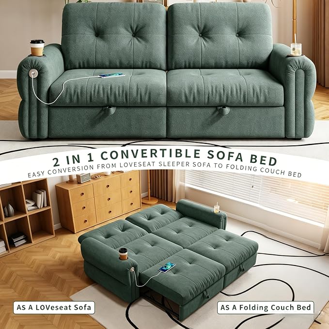 Convertible Couches, Queen Size Pull Out Sofa Bed with USB Charging Port and Cup Holders, Plannelette Fabric Convertible Sofa Bed for Small Space, Living Room, Apartment, Guest Room, Green