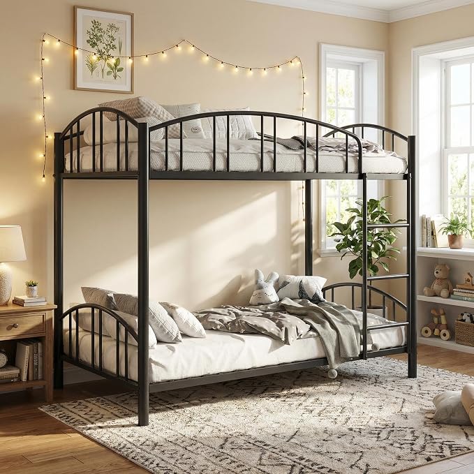 IDEALHOUSE Twin Over Twin Bunk Bed Frame, Twin Bunk Bed Frame with Heightened Arched Guardrail and Safety Ladder, Sturdy Steel Bed for School, Bedroom, Easy Assembly, Modern Black