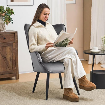 Furniliving Velvet Accent Chair for Living Room, Upholstered Reading Chair with High Backrest, Tufted-Button Wingback Armchair for Bedroom, Dressing Room, Home Office, Light Grey, Set of 2