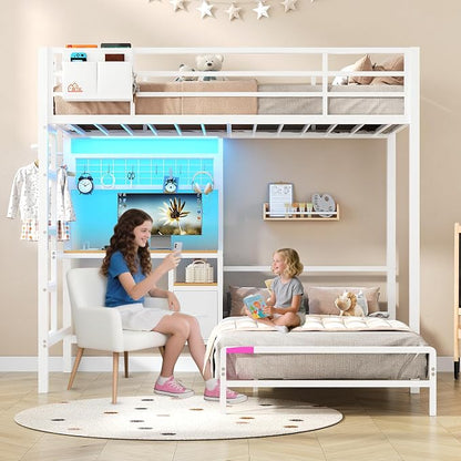 DICTAC Twin Over Twin Bunk Bed with Desk,Led Lights and Charging Station Metal L-Shaped Bunk Beds with Storage Drawers and Shelves, Loft Bed with Safety Guardrail and Ladder for Kids and Teen,White