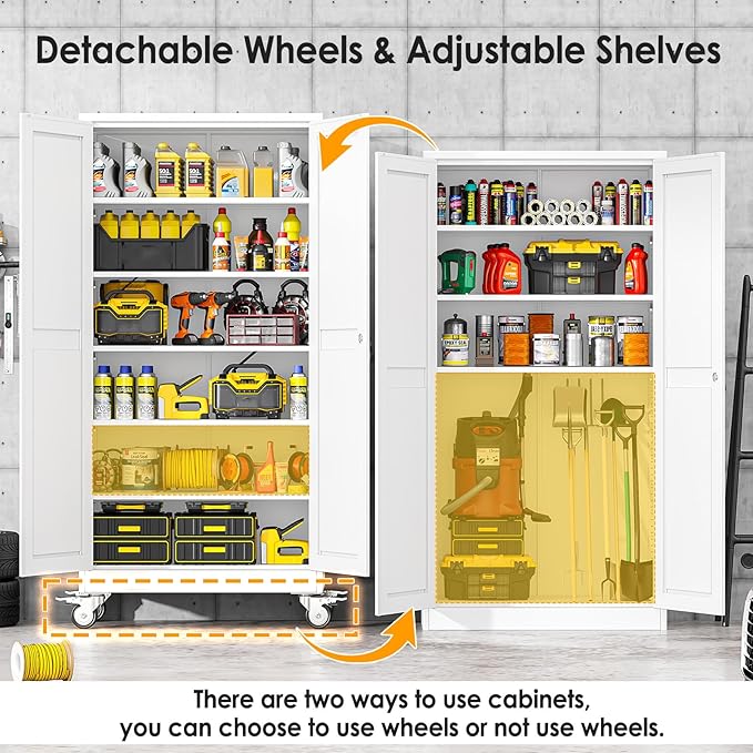 PAOFIN Metal Garage Storage Cabinet with Wheels,Steel Lockable File Cabinets with 2 Doors and 5 Adjustable Shelves,74" H Locking Tool Cabinets for Home Office, Warehouse, Required Assembly,White