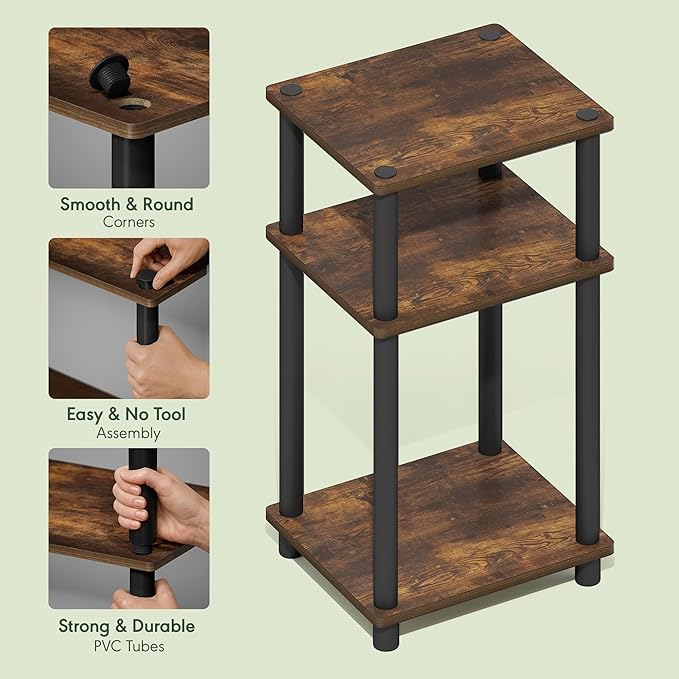 Furinno Turn-N-Tube Side Table, 3-Tier End Table with Open Shelf, Toolless Assembly Night Stand, Bedside Table, for Living Room, Bedroom, Amber Oak