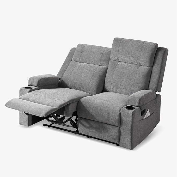 55" RV Loveseat Recliner – Space-Saving Double Reclining RV Sofa, Compact Theater Seating with Cup Holders & Storage Pocket, Grey Chenille Couch for Camper, Motorhome & Home Theater