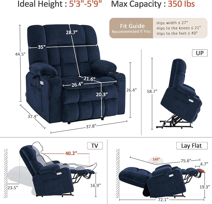 MCombo Extra Wide Dual Motor Power Lift Recliner Chair for Elderly, Zero Gravity Lift Chair with Heat and Massage, Infinite Position Recliners, USB Ports, Fabric R7897 (Medium-Wide, Navy Blue)