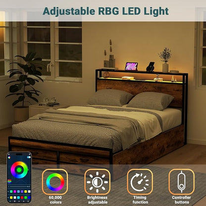 Zevemomo Queen Bed Frame with 8 Storage Drawers, Queen Metal Bed Frame with LED Light and Charging Station, Heavy Duty Metal Slats, No Box Spring Needed, Rustic Brown