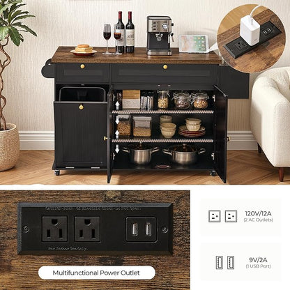 60.2" Kitchen Islands with Storage, Kitchen Island Cart with Trash Can Storage Cabinet, Rolling Kitchen Island Table with Drop Leaf & Power Outlet & Spice Rack & Towel Rack & Knife Holder, Black