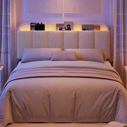 Headboard for Full/Queen Size with LED Light, Upholstered Bed HeadBoard with Storage, Linen Fabric Head Board with Vertical Channel Design, Height Adjustable, Easy to Assemble, Beige