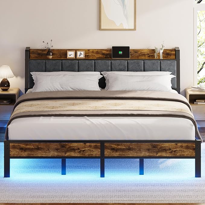 Liians King Size Bed Frame with USB Charging Station, Storage Headboard with Smart LED Lights, Metal Platform Bed Noise Free, No Box Spring Needed, Easy Assembly