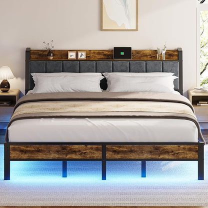 Liians King Size Bed Frame with USB Charging Station, Storage Headboard with Smart LED Lights, Metal Platform Bed Noise Free, No Box Spring Needed, Easy Assembly