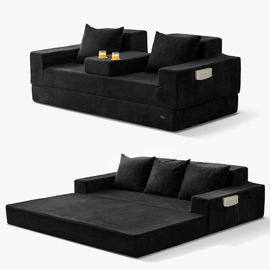 MAXYOYO Convertible Sofa Bed, 80" Oversized Boneless Loveseat Couch 4 in 1 Foldable Floor Sofa Couch in A Box with 2 Cup Holders, Folding Chair for Living Room, No Assembly Required, Black