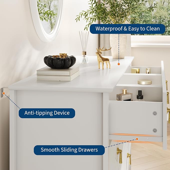 GarveeHome Fluted Dresser for Bedroom, 54 Inch Wide 7-Drawer Wood Dresser, Modern Chest of Drawers, Storage Organizer Cabinet for Living Room, Hallway, Entryway, White