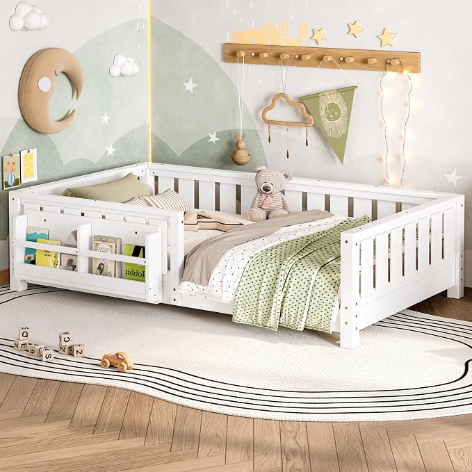 Bellemave Twin Size Montessori Floor Bed with Slats and Fence, Twin Size Montessori Bed with Rails and Bookcase, Easy Assemble Floor Beds Frame, White