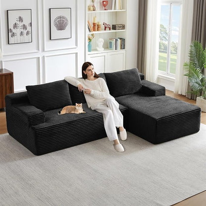 96" Modular Sectional Sofa, Modern Corduroy Cloud Couch with Side Pockets, Boneless Couch Upholstered 3-Seater L-Shaped Sofa for Living Room, No Assembly Required (Black, Right-Facing Chaise)