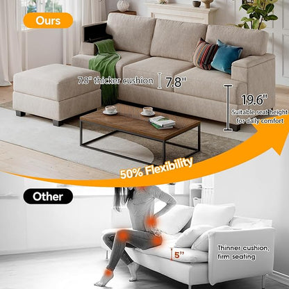 85'' L Shaped Couch with Armrest Organizer,Comfy 3 Seats Sofa with Thick Cushion,Chenille Sectional Couches for Living Room,Bedroom,Apartment,Sofa Set with Oversized Chair,Home Furniture,Khaki