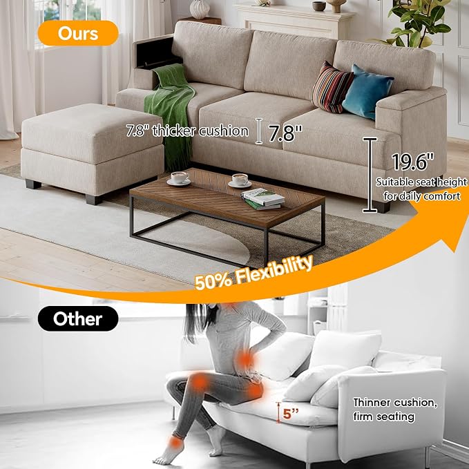 85'' L Shaped Couch with Armrest Organizer,3 Seats Sofas with Movable Ottoman,Comfy Sectional Sofa with Thick Cushion,Chenille Sectional Couches for Living Room,Bedroom,Apartment,Home Furniture,Khaki