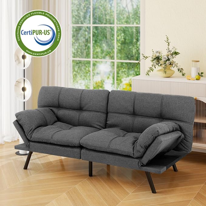 Vipbear 71" Futon Sofa Bed - Convertible Sofa Beds/Adjustable Backrest & Armrest, Comfy Loveseat Sleeper for Small Spaces, Apartments & Offices,Linen Fabric Grey Futons