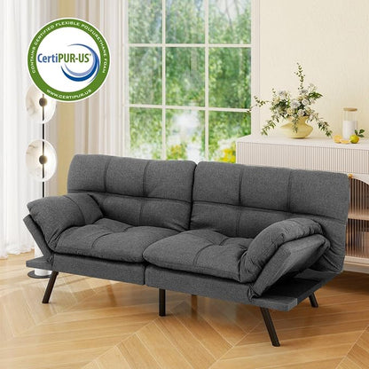 Vipbear 71" Futon Sofa Bed - Convertible Sofa Beds/Adjustable Backrest & Armrest, Comfy Loveseat Sleeper for Small Spaces, Apartments & Offices,Linen Fabric Grey Futons
