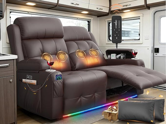 Power Loveseat Recliner with 2-Point Graphene Heat & Massage, Under-Seat Multi‑Color Adjustable LED Light Strips, Foldable Armrest, USB A/C, Wall Hugger Recliner Couch for RV Home Theater