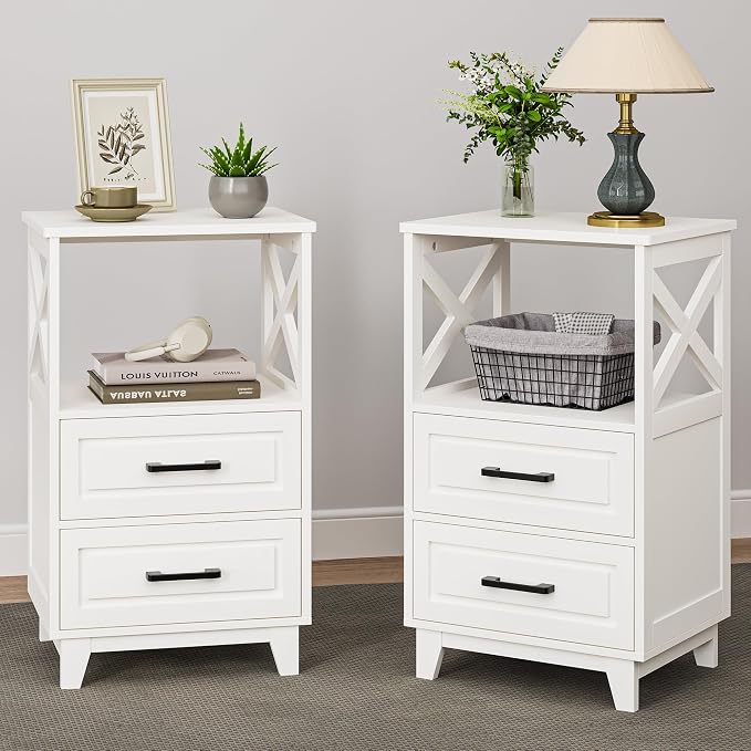 May in Color White Nightstand Set of 2, Tall Side Table, Farmhouse End Table with 2 Large Storage Drawers Cabinet, Wooden Rustic Bedside End Table for Bedroom, Home Office, White