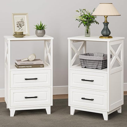 May in Color White Nightstand Set of 2, Tall Side Table, Farmhouse End Table with 2 Large Storage Drawers Cabinet, Wooden Rustic Bedside End Table for Bedroom, Home Office, White
