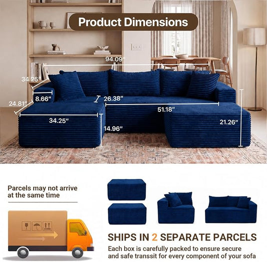 Claiks 94" Boneless Couch, Cloud Couch Sectional, U-Shape Corduroy Modular Sectional Sofa Deep Seat, Upholstered Couches for Living Room, No Assembly Required, Blue