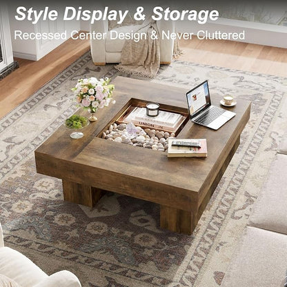 LVB Coffee Table, Modern Wood Led Living Room Table with Storage, Farmhouse Large Square Center Table with LED Light, Unique Wide Low Tea Table for Living Room Home Office, 39.37 Inch, Rustic Oak